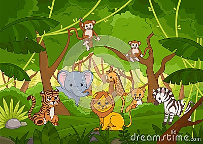 Assorted cute cartoon animals in a jungle Vector Illustration
