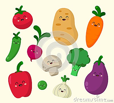 Assorted Cute Funny Vegetables Characters Vector Illustration