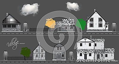 Assorted cute houses collection. Couds, bicycle ,road Stock Photo