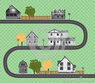 Assorted cute houses collection on transparent background.road Cartoon Illustration