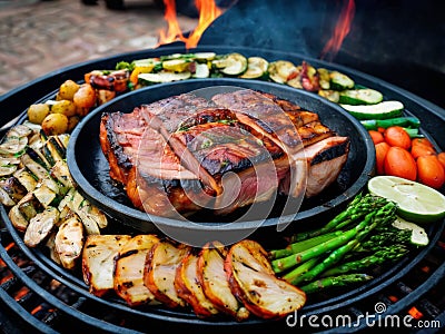 Assorted delicious grilled meat with vegetable over the coals on a barbecue Stock Photo