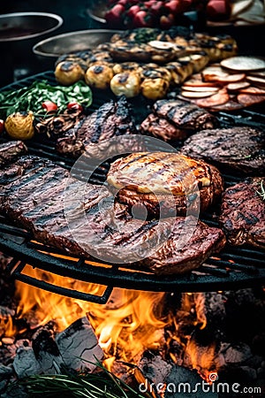 Assorted delicious grilled meat with vegetables on barbecue grill with flame. Picnic concept. Generative AI Stock Photo