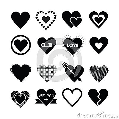 Assorted designs of black silhouette hearts icons set Vector Illustration