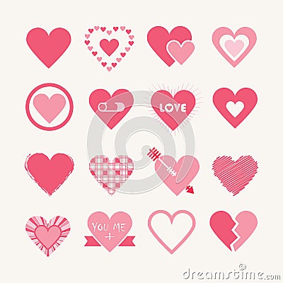 Assorted designs of pink hearts icons set Vector Illustration