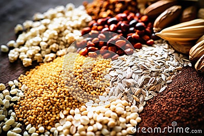 Assorted different types of beans and cereals grains. Set of indispensable sources of protein for a healthy lifestyle. Quality Stock Photo
