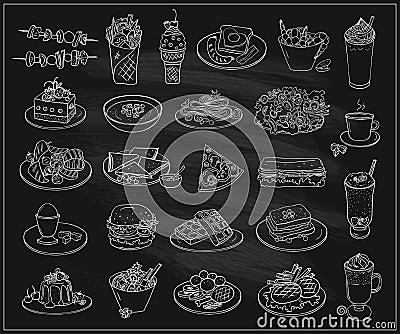 Assorted dishes food symbols set on a chalkboard, line graphic illustration Vector Illustration