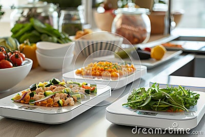 Assorted dishes on a table each with a digital calorie counter scale displaying precise nutritional information Stock Photo