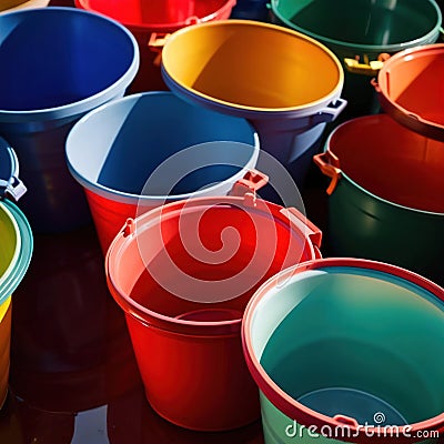 Assorted diverse bright colorful multicolored plastic buckets Stock Photo