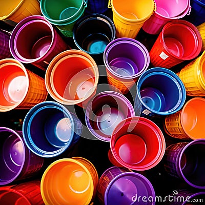 Assorted diverse bright colorful multicolored plastic buckets Stock Photo