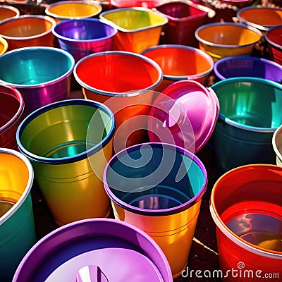 Assorted diverse bright colorful multicolored plastic buckets Stock Photo