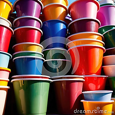 Assorted diverse bright colorful multicolored plastic buckets Stock Photo