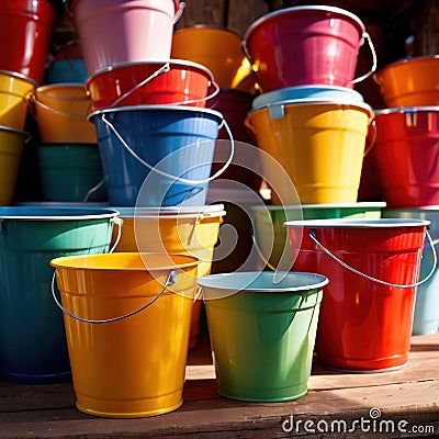 Assorted diverse bright colorful multicolored plastic buckets Stock Photo