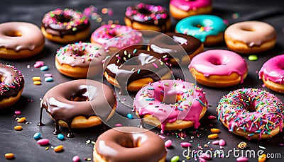 assorted donuts with chocolate frosted, pink glazed and sprinkles donuts. Stock Photo