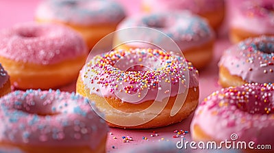 assorted donuts with chocolate frosted, pink glazed and sprinkles donuts Stock Photo