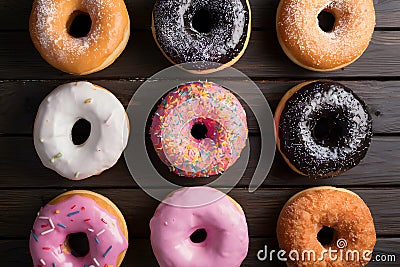 Assorted donuts displayed on kitchen table, tempting pastry delights Stock Photo