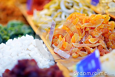 Assorted dried fruits on display at a farmer`s market during traditional Lithuanian spring fair in Vilnius Stock Photo