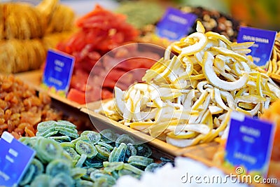 Assorted dried fruits on display at a farmer`s market during traditional Lithuanian spring fair in Vilnius Stock Photo