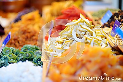 Assorted dried fruits on display at a farmer`s market during traditional Lithuanian spring fair in Vilnius Stock Photo