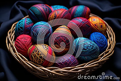 Assorted Easter Eggs in Decorative Woven Basket. Colorful Spring Holiday Decor Stock Photo