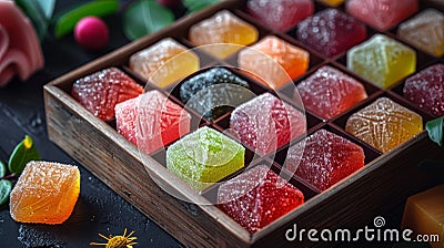 Assorted elegant jelly candies in a luxurious wooden box on a dark background Stock Photo