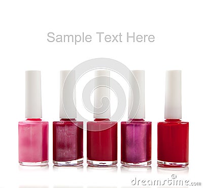 Assorted fingernail polish on white with text Stock Photo