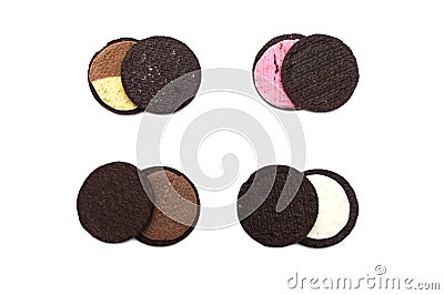 Assorted flavor of Oreo cookies in pieces of inside crust isolated on white background with sweet cream, Chocolate, Peanut butter Editorial Stock Photo