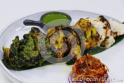 Assorted flavored tandoori chicken tikka, cream, saffron and spinach based marinated chicken cubes cooked in clay oven Stock Photo