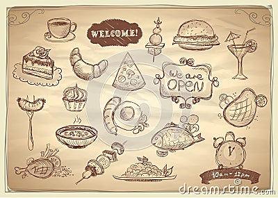 Assorted food and drinks graphic symbols. Vector Illustration