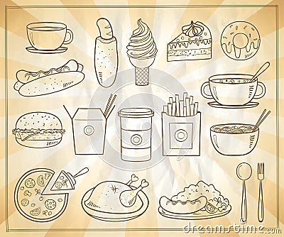 Assorted food and drinks graphic symbols set Vector Illustration