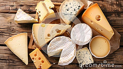 Assorted French cheeses on a wooden table, viewed from above. Stock Photo