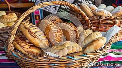 Assorted fresh bakery goods in wicker baskets Stock Photo