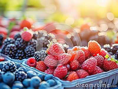 Assorted Fresh Berries in Sunlight Stock Photo