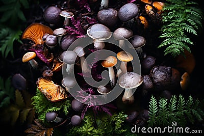 Assorted fresh forest mushrooms, edible and inedible, unknown species, mushroom identification Stock Photo