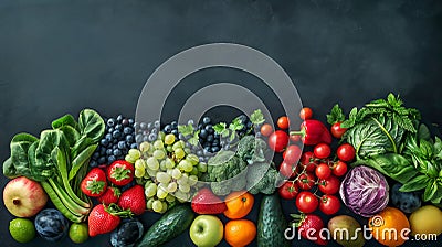 Assorted fresh fruits and vegetables on dark surface Stock Photo