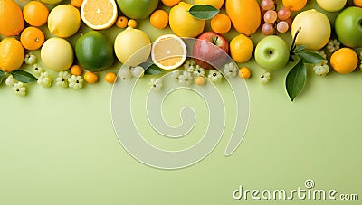 Assorted Fresh Fruits on a Vibrant Green Background Stock Photo