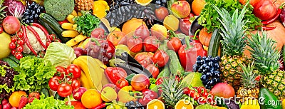 Assorted fresh ripe fruits and vegetables. Food concept background. Stock Photo