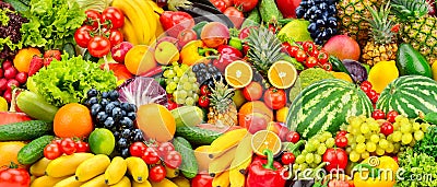 Assorted fresh ripe fruits and vegetables. Food concept background. Stock Photo