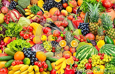 Assorted fresh ripe fruits and vegetables. Food concept backgrou Stock Photo