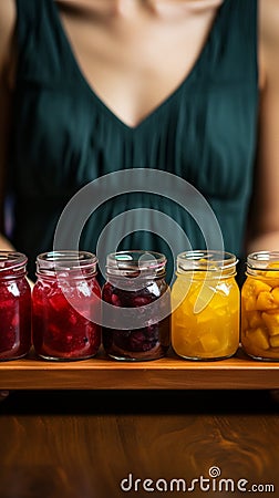 Assorted fruit jams, glass jars on wooden plate, held in closeup by woman Stock Photo