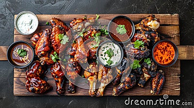 Assorted glazed barbecued chicken wings on a plate with sauces Stock Photo