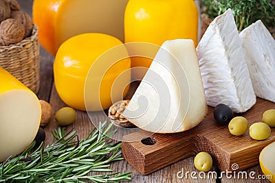 Assorted gourmet cheeses, olives, nuts and rosemary. Stock Photo