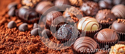 Assorted Gourmet Chocolate Pralines on Dark Background. Generative ai Cartoon Illustration