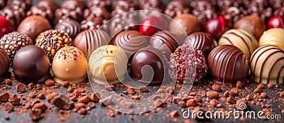 Assorted Gourmet Chocolate Pralines on Dark Background. Generative ai Cartoon Illustration