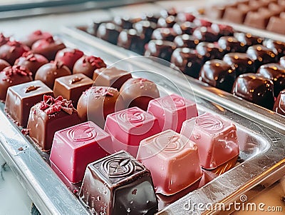 Assorted Gourmet Chocolates in Elegant Display, Variety of Deluxe Sweet Treats for Special Occasions Stock Photo