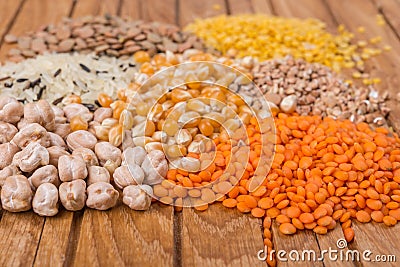 Assorted grains of rice, corns, lentils, buckwheat and chickpeas Stock Photo