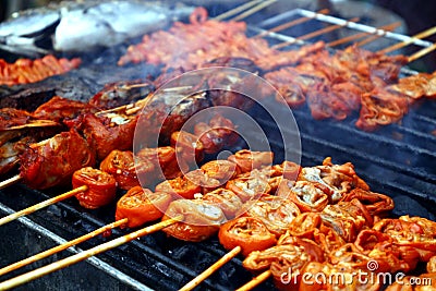 Assorted grilled pork and chicken innards barbecue at a street food stall Stock Photo