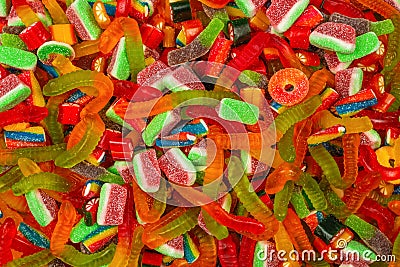Assorted gummy candies. Top view. Jelly sweets background Stock Photo