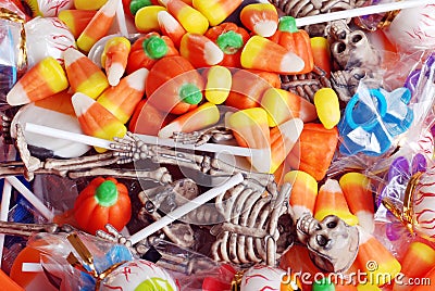 Assorted halloween candy and toys Stock Photo