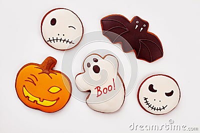 Assorted Halloween cookies on white background. Stock Photo