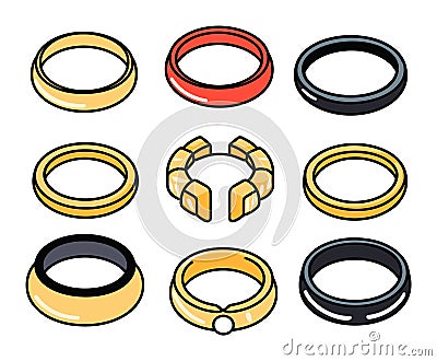 Assorted hand-drawn bracelets and rings set. Cartoon jewelry accessories illustration. Collection of fashionable Vector Illustration